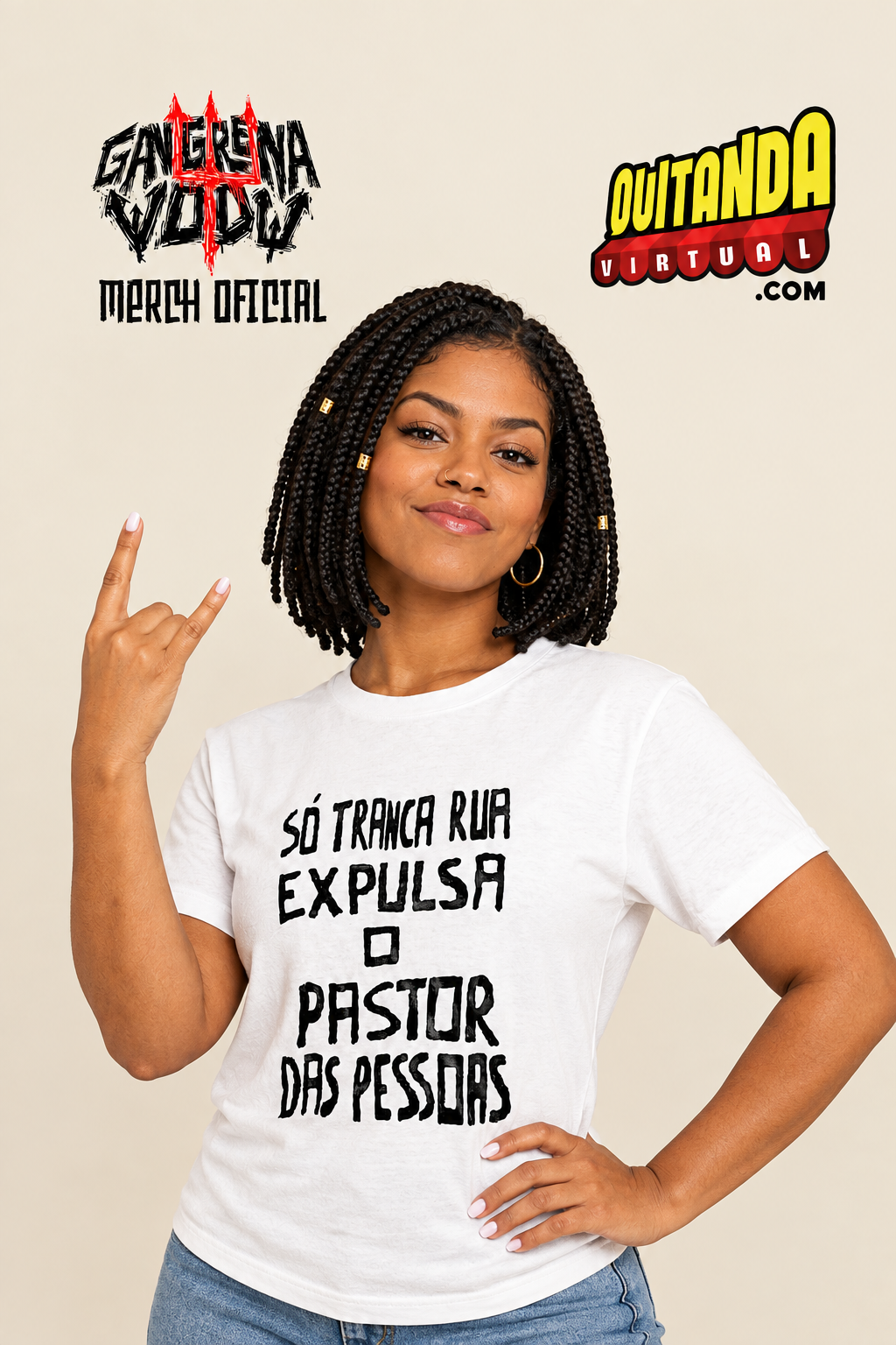 Modelo usando a Camiseta Só Tranca-Rua - Merch Oficial Gangrena Vodu